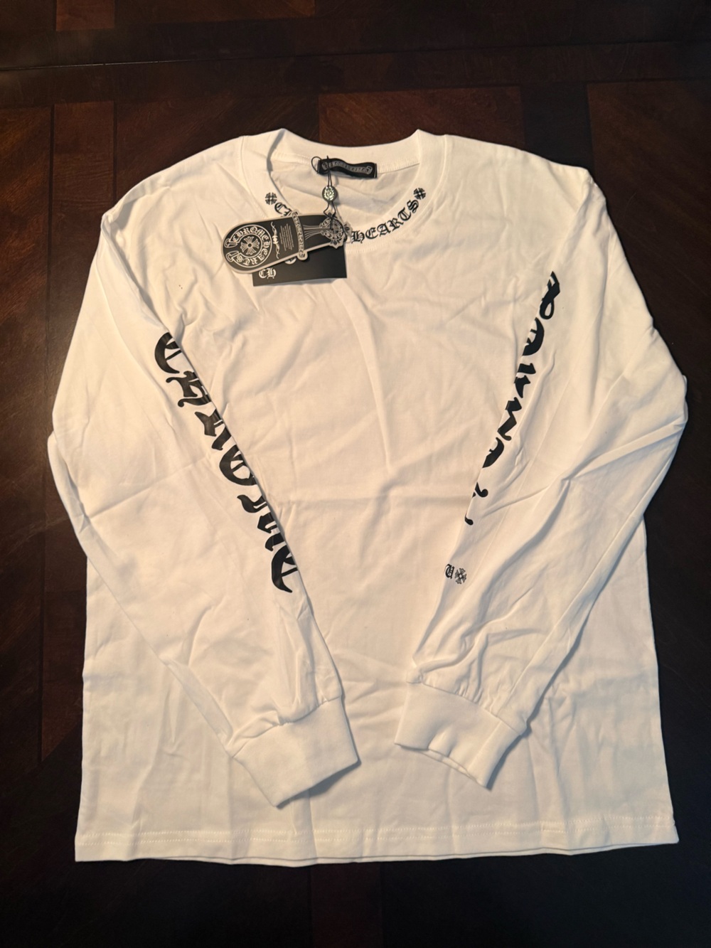 Chrome Hearts White Long Sleeve Tee with Black Logo Sleeves